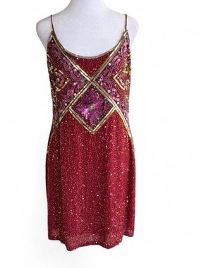 Naeem Khan Silk Red and Pink Beaded Sequin Mini Dress